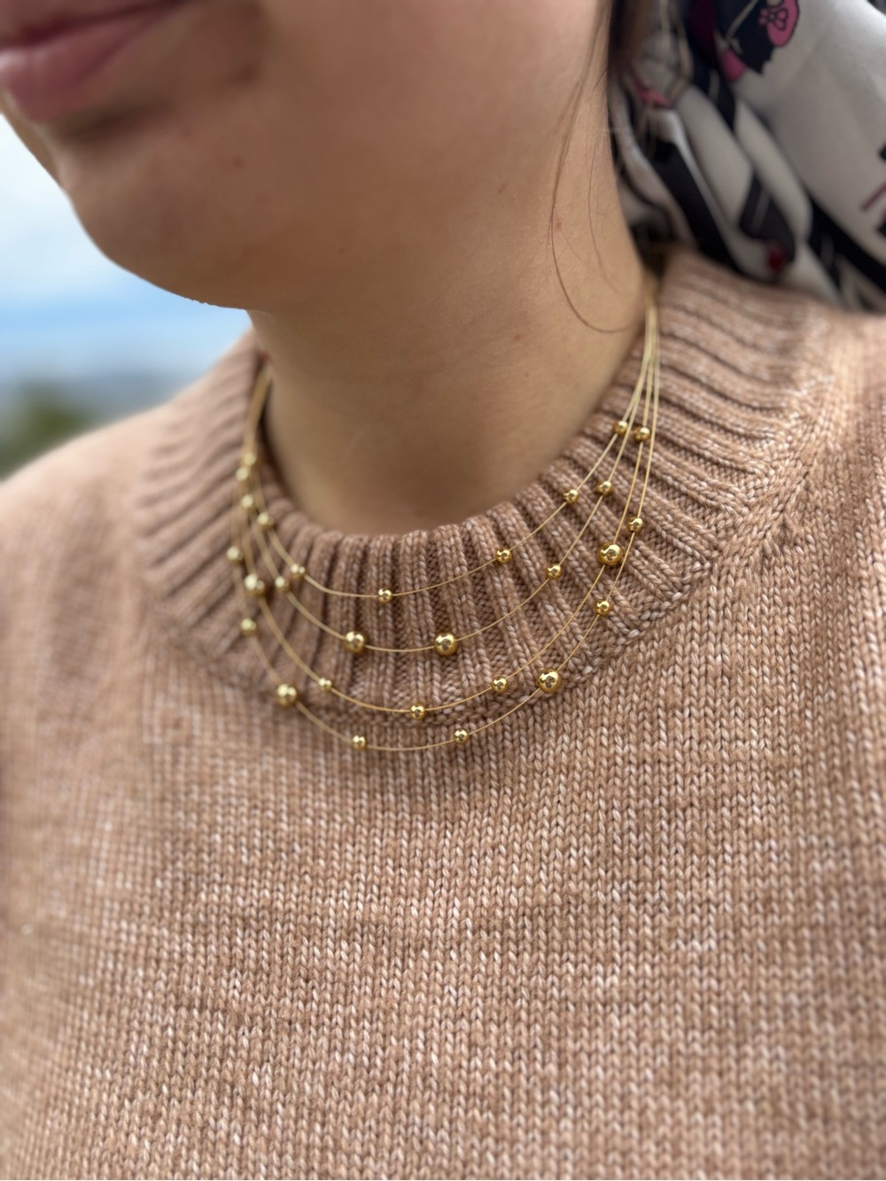 Gold Tone Wire Muilt Strand Bead Ball Necklace